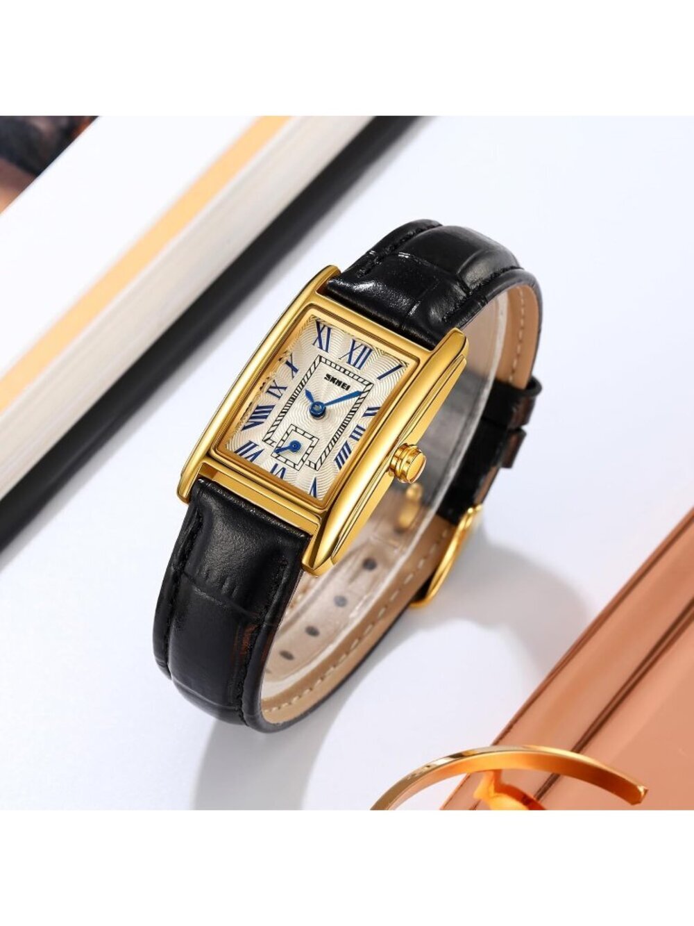Women's Black And Gold Analog Ultra-Thin Rectangle Vintage Square Wrist Watch - Picture 3 of 6